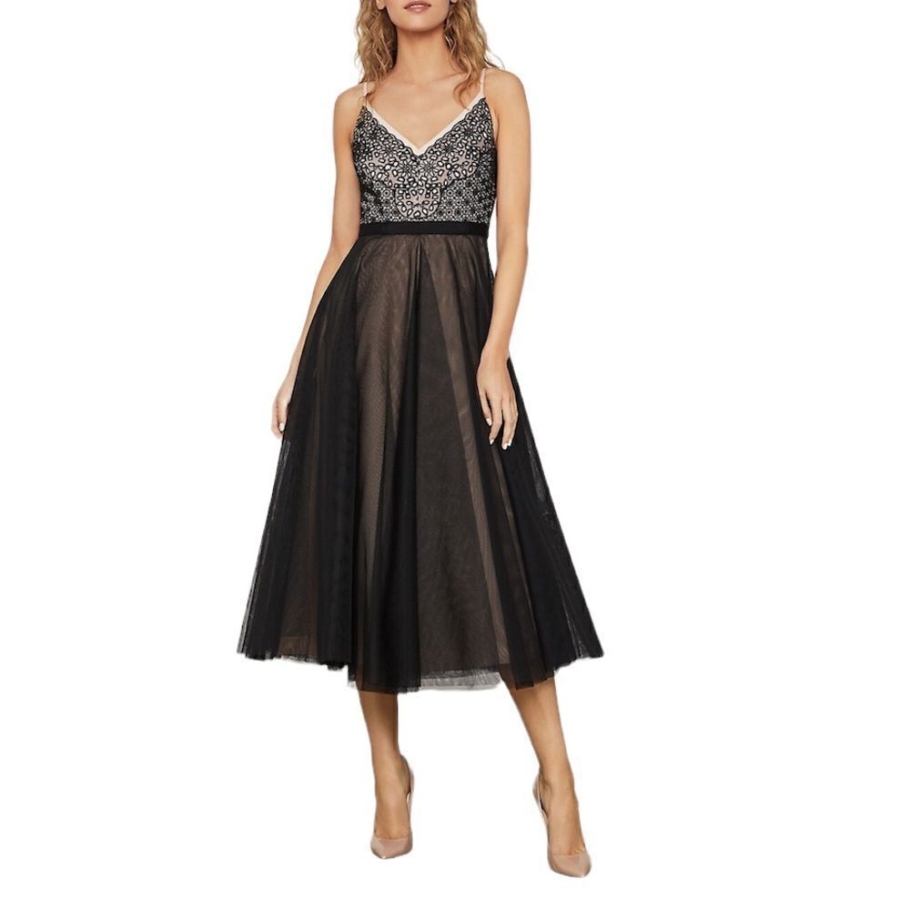 BCBGMAXAZRIA Sleeveless Floral Lace Tulle Midi Dress Black Bare Pink M